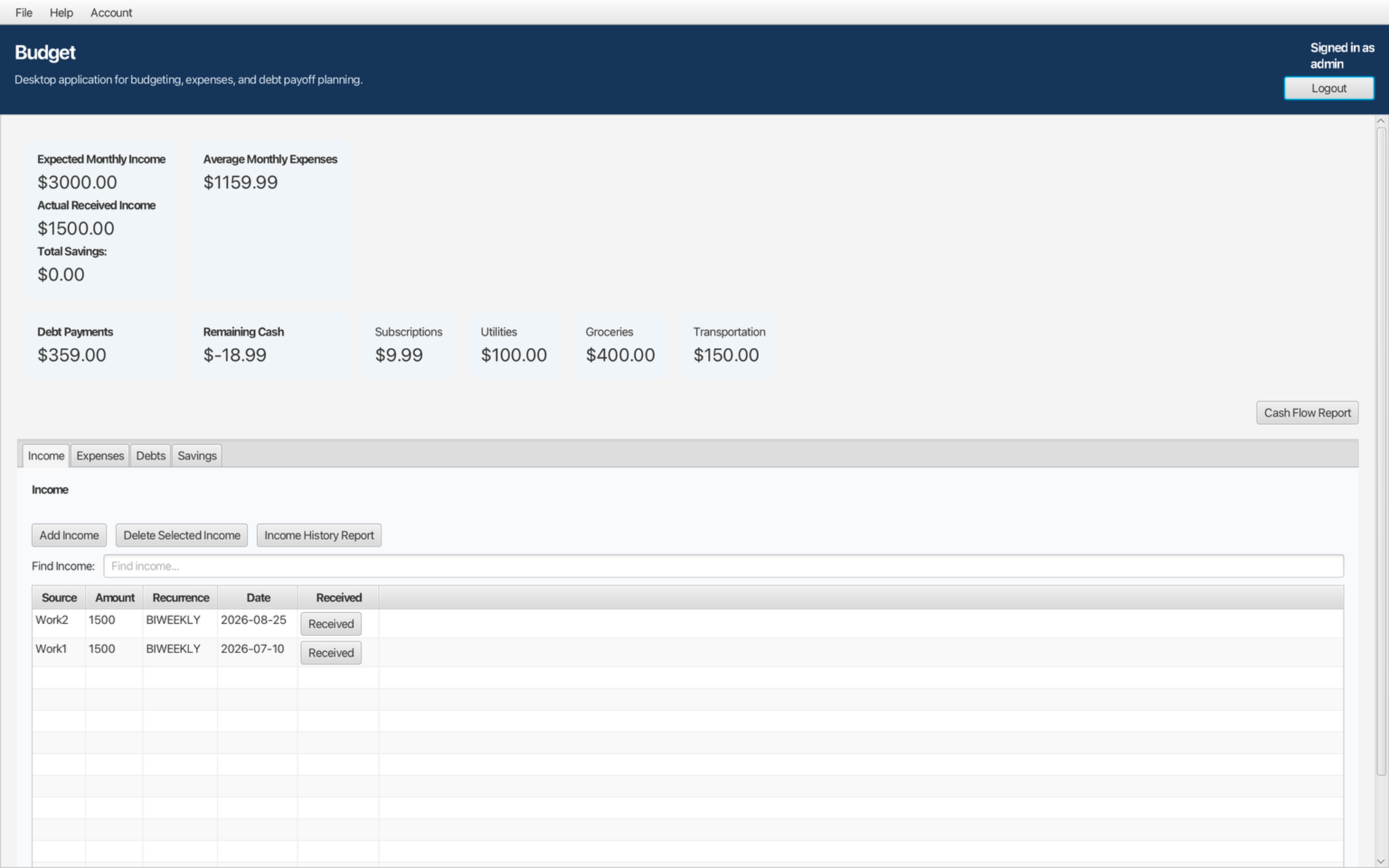 Budget App dashboard showing income, expenses, savings, and cash flow information
