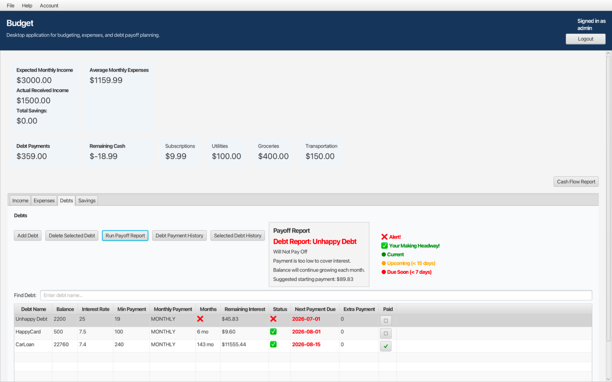 Budget App debt payoff planning screen