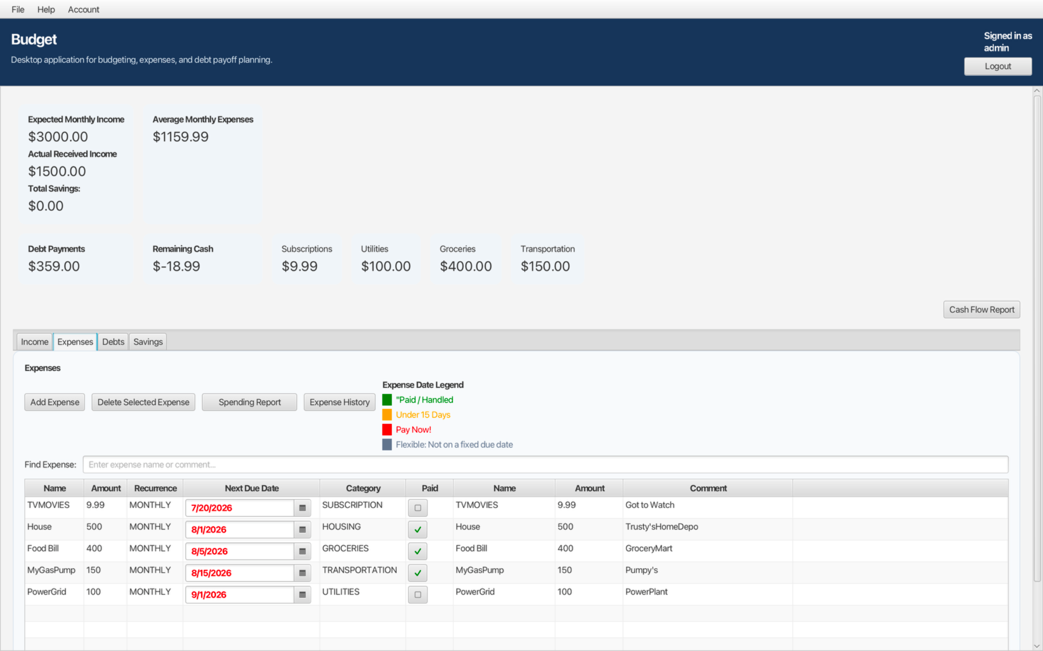 Budget App expense tracking screen