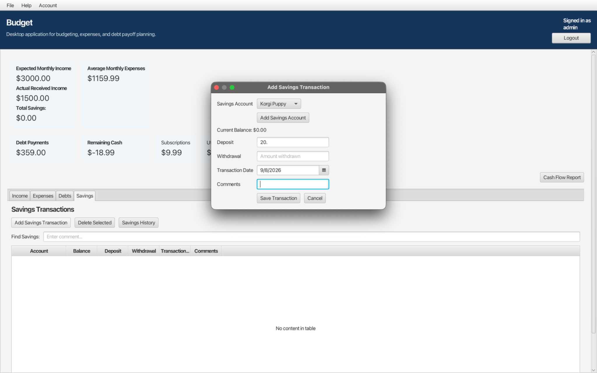 Budget App savings transaction dialog